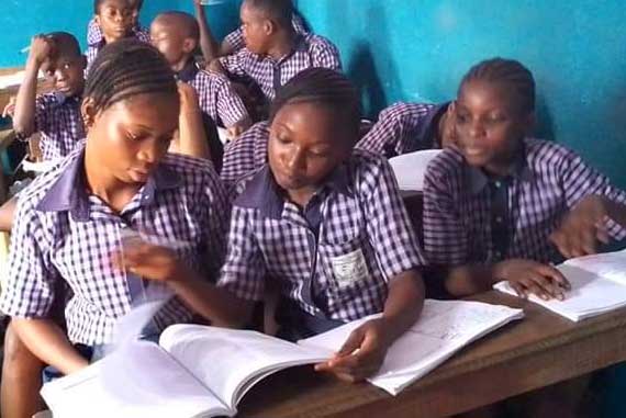 Schülerinnen lesen gemeinsam in einem Lehrbuch.